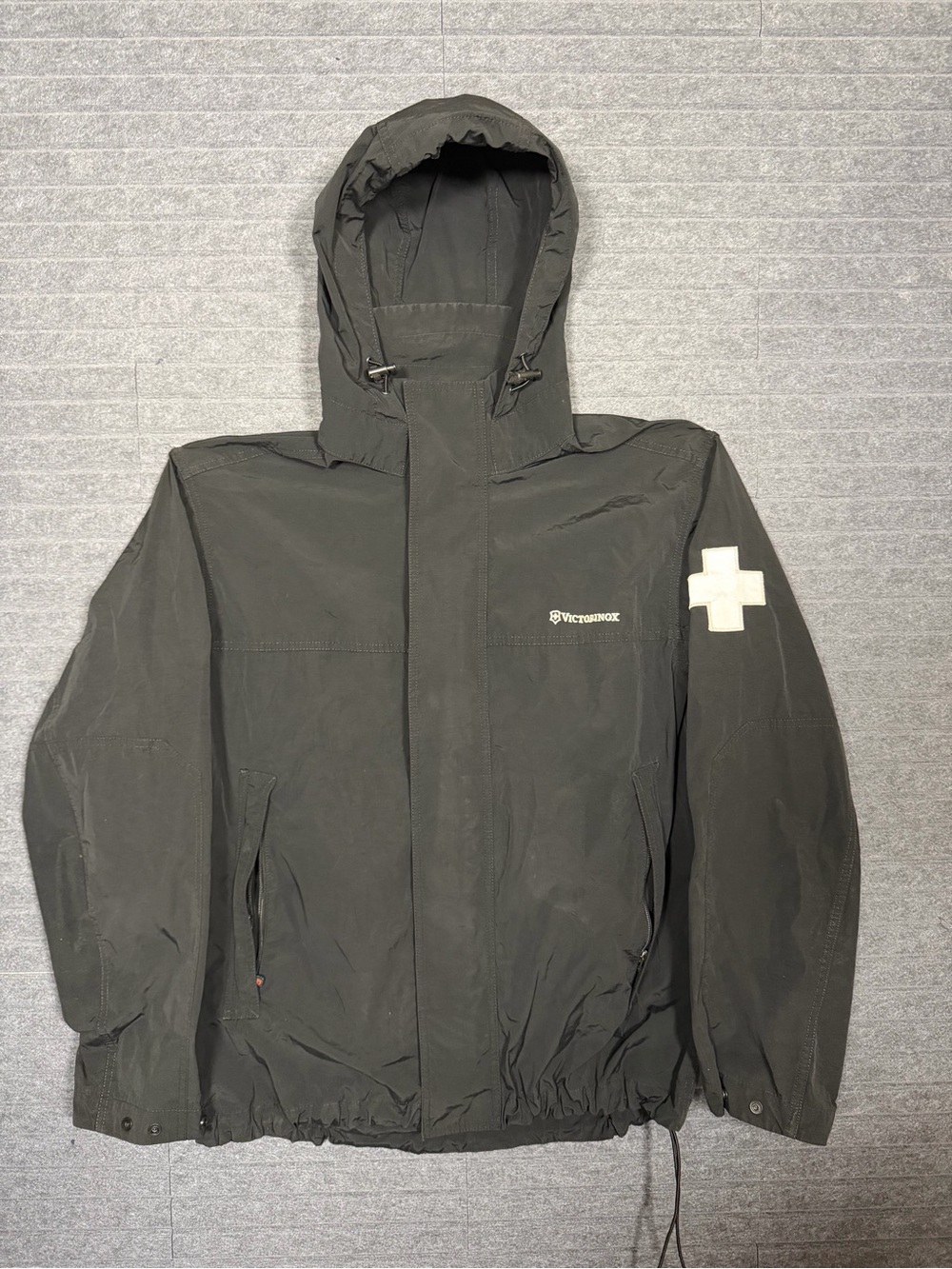 Victorinox Black Hooded Rain Jacket with White Cross Patch size large